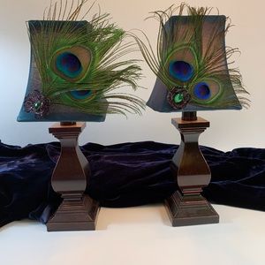 Pair of Boudoir Lamps with Jewel and Peacock Feathers